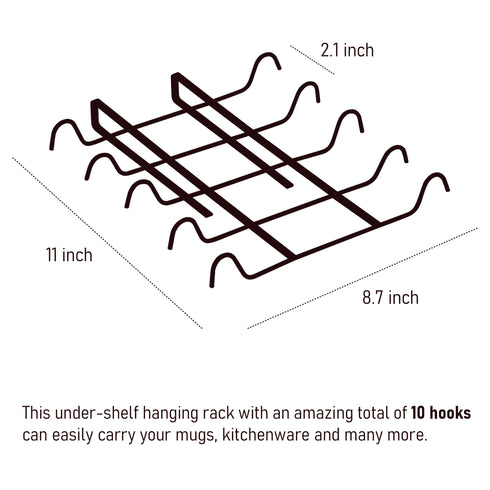 EDNA HOME Mug Cups Storage Rack, Drilling-Free Under Cabinet Closet Holder Hooks for Hanging Mugs, Ties, Belts, Scarf, Kitchen Utensils, Necklace and More, 10 Hooks, Made in Europe